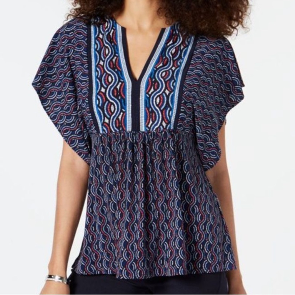 MICHAEL Michael Kors Womens Printed Split Neck Pullover Top Tunic, Navy - 1X